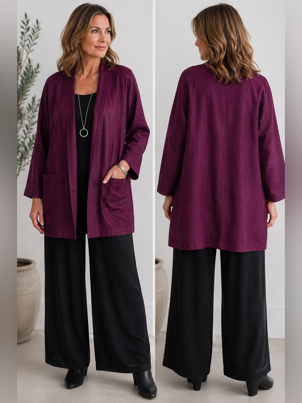 Vintage Sue Brett Collection Plum Longline Jacket Womens USA Lagenlook Artsy med